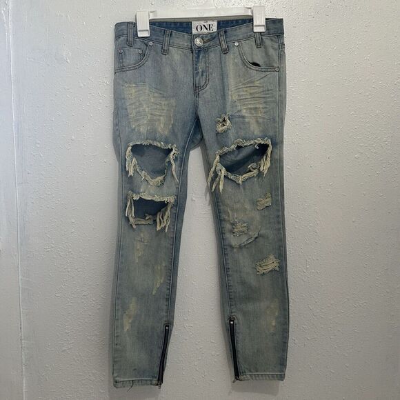 One Teaspoon Jeans Trashed Free Birds Womens Size 25 Low Rise Crop Distressed - Picture 1 of 10